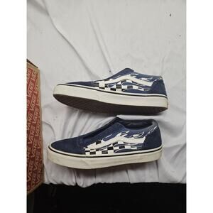 Vans Old Skool Checker Flame Board Navy Blue Suede True White Mens 8.5